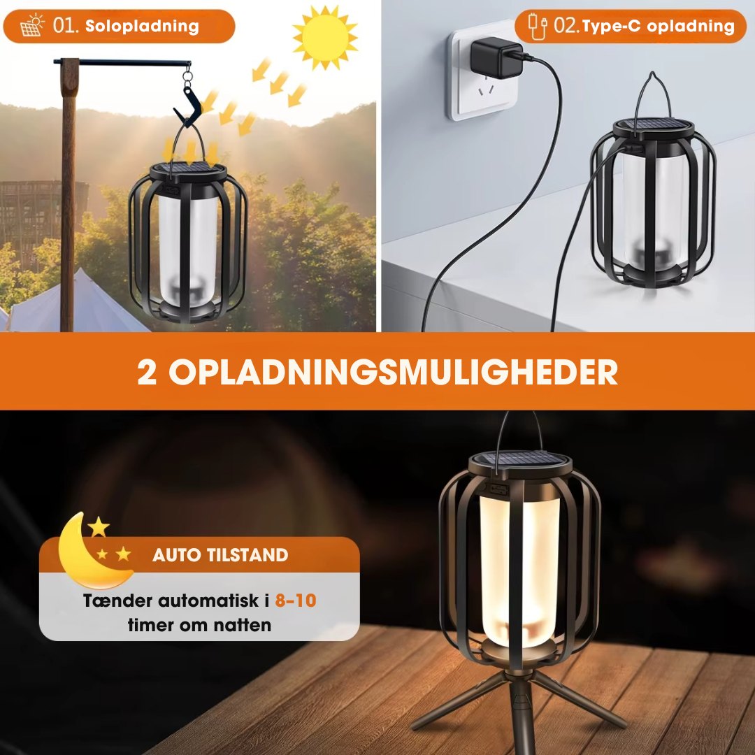 FlameGlow™ - Lampe med realistisk flammeeffekt – Opladelig via USB & solenergi