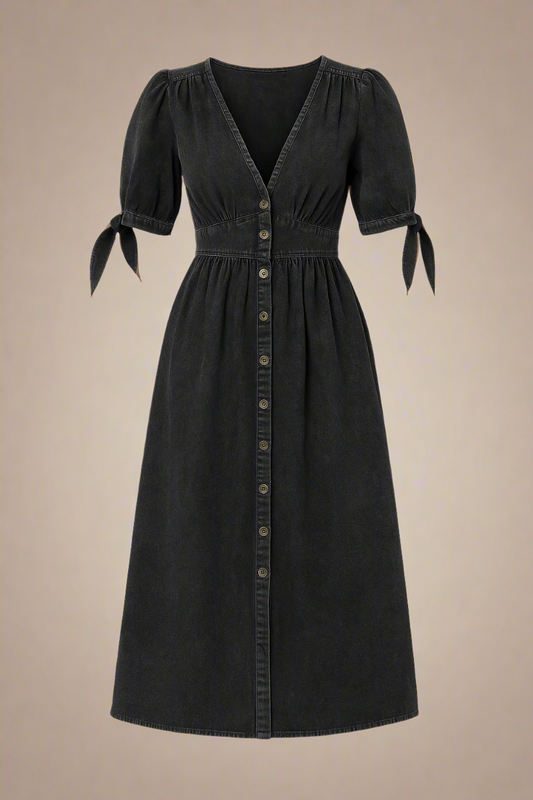 Celina Kjole | Lang denimkjole med knapper og markeret talje