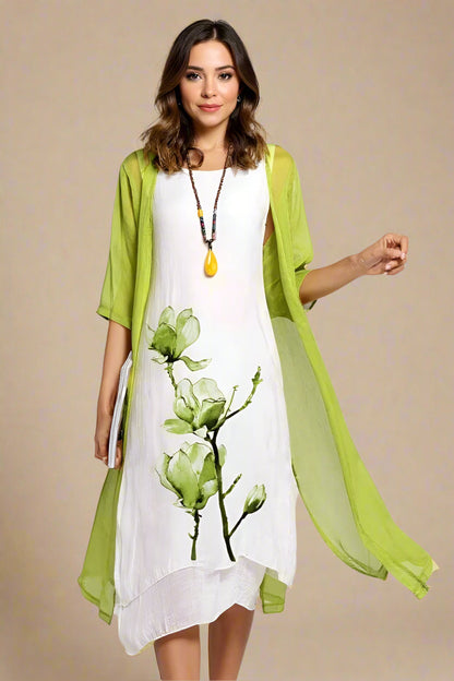 ALBA KJOLE SÆT | Kjole og let lag-på-lag cardigan med blomsterprint